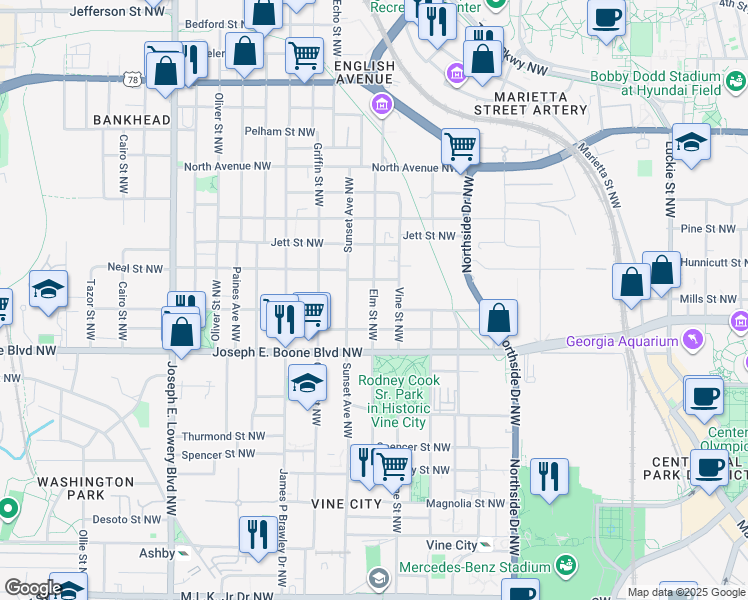 map of restaurants, bars, coffee shops, grocery stores, and more near 381 Sunset Avenue Northwest in Atlanta