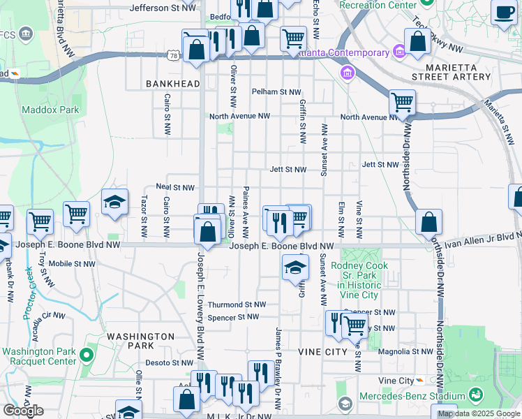 map of restaurants, bars, coffee shops, grocery stores, and more near 387 Andrew J Hairston PL NW in Atlanta