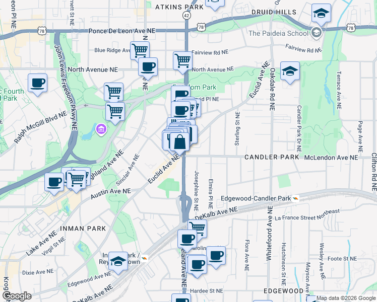 map of restaurants, bars, coffee shops, grocery stores, and more near in Atlanta
