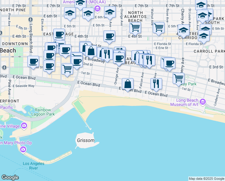 map of restaurants, bars, coffee shops, grocery stores, and more near 28 South 5th Place in Long Beach