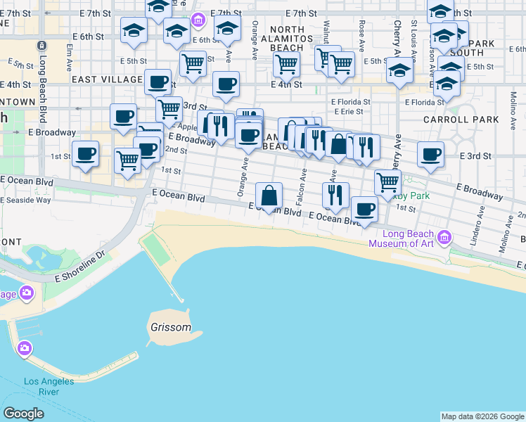 map of restaurants, bars, coffee shops, grocery stores, and more near 6 7th Place in Long Beach