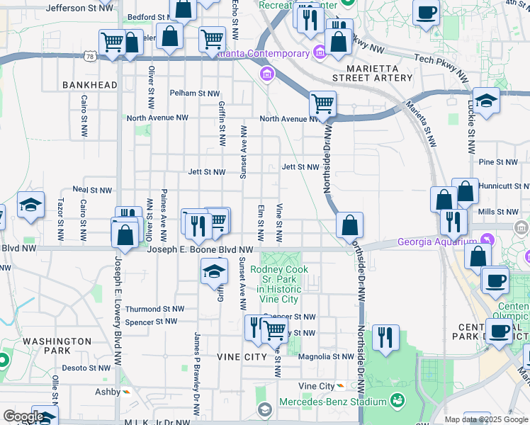 map of restaurants, bars, coffee shops, grocery stores, and more near 391 Elm Street Northwest in Atlanta