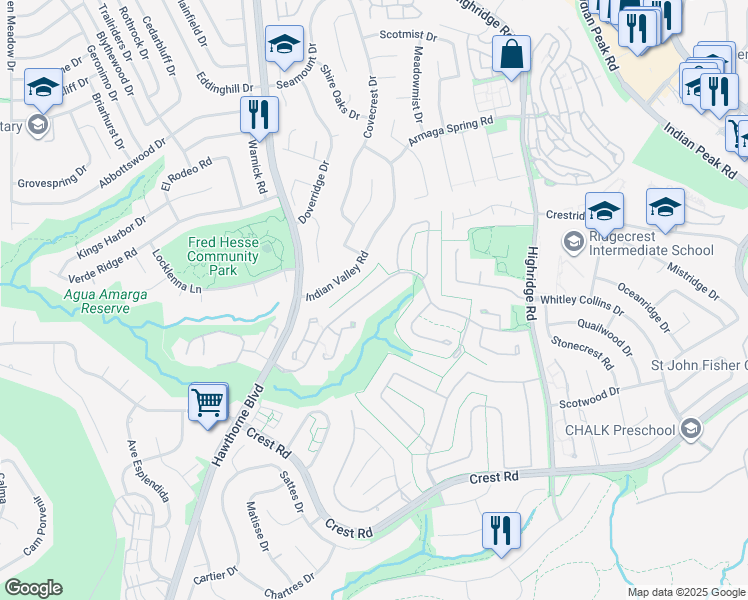 map of restaurants, bars, coffee shops, grocery stores, and more near 42 Country Lane in Rolling Hills Estates