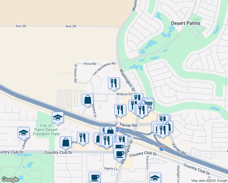 map of restaurants, bars, coffee shops, grocery stores, and more near 77980 Wildcat Drive in Palm Desert