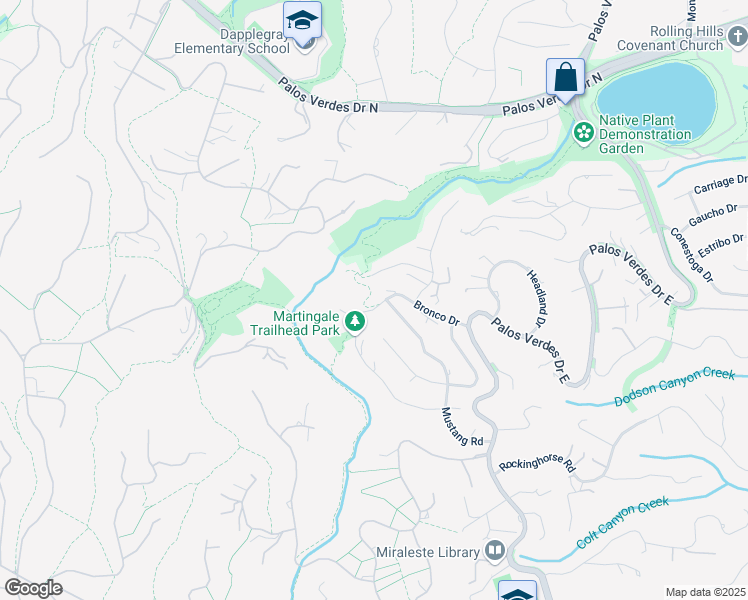 map of restaurants, bars, coffee shops, grocery stores, and more near 14 Bronco Drive in Rancho Palos Verdes