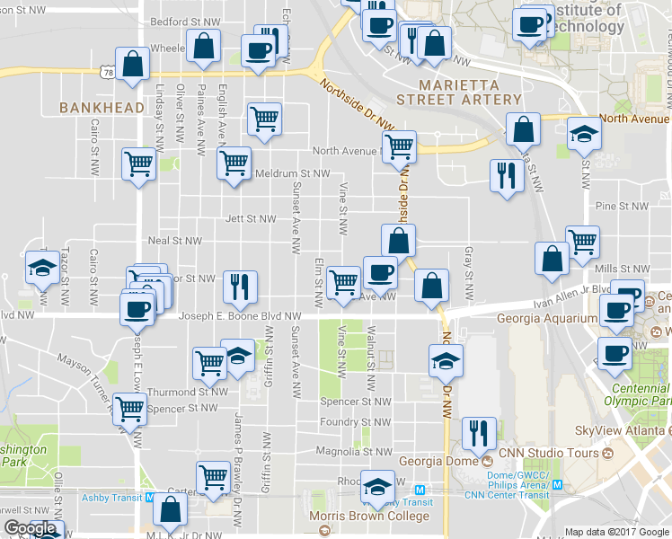map of restaurants, bars, coffee shops, grocery stores, and more near 392 Vine Street Northwest in Atlanta