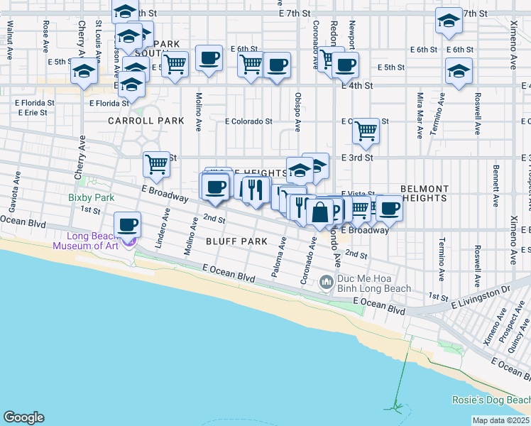 map of restaurants, bars, coffee shops, grocery stores, and more near 230 Orizaba Avenue in Long Beach