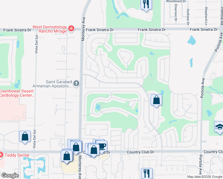 map of restaurants, bars, coffee shops, grocery stores, and more near 73251 Adobe Springs Drive in Palm Desert