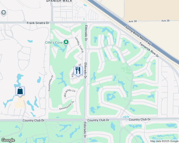 map of restaurants, bars, coffee shops, grocery stores, and more near 39000 Gladiolus Lane in Palm Desert