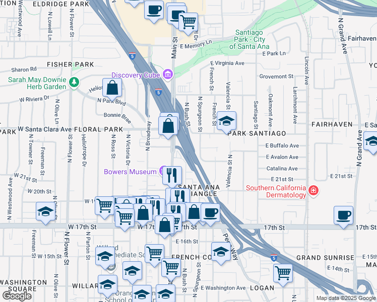 map of restaurants, bars, coffee shops, grocery stores, and more near Santa Ana Fwy in Santa Ana