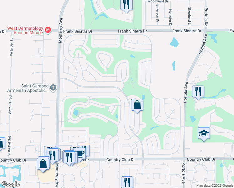 map of restaurants, bars, coffee shops, grocery stores, and more near 73461 Adobe Springs Drive in Palm Desert