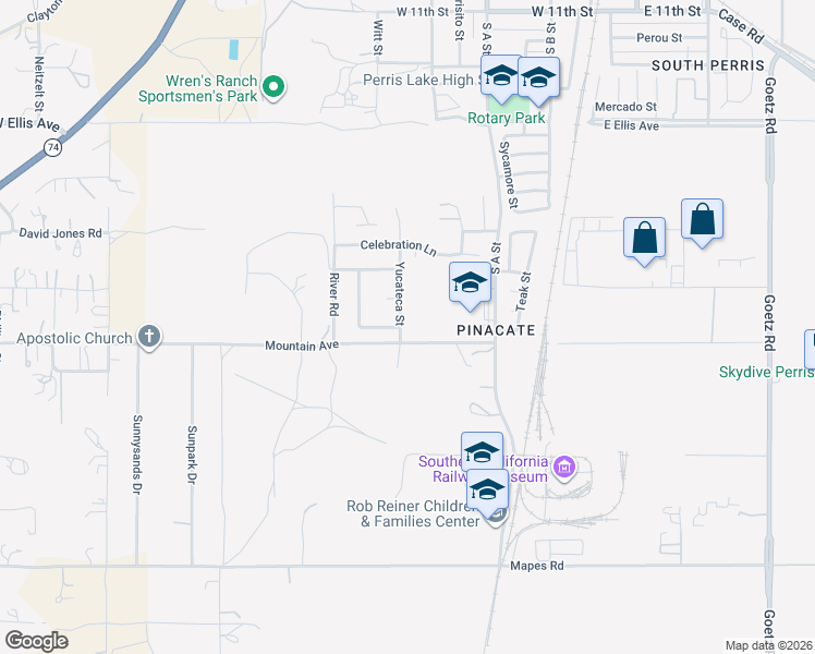 map of restaurants, bars, coffee shops, grocery stores, and more near 2031 Yucateca Street in Perris