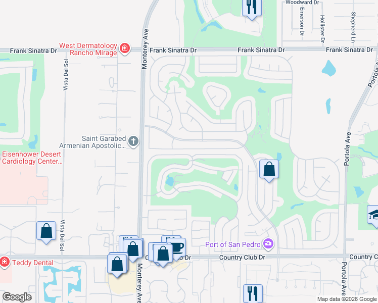 map of restaurants, bars, coffee shops, grocery stores, and more near 73229 Adobe Springs Drive in Palm Desert