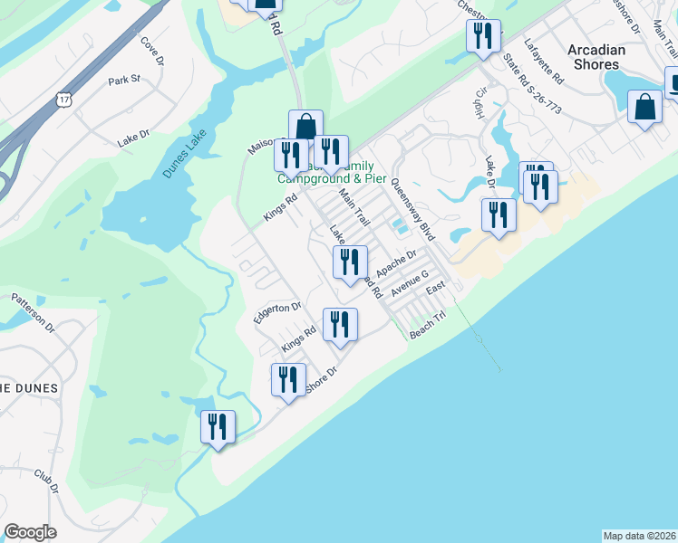 map of restaurants, bars, coffee shops, grocery stores, and more near 346 Arcadian Dunes in Myrtle Beach