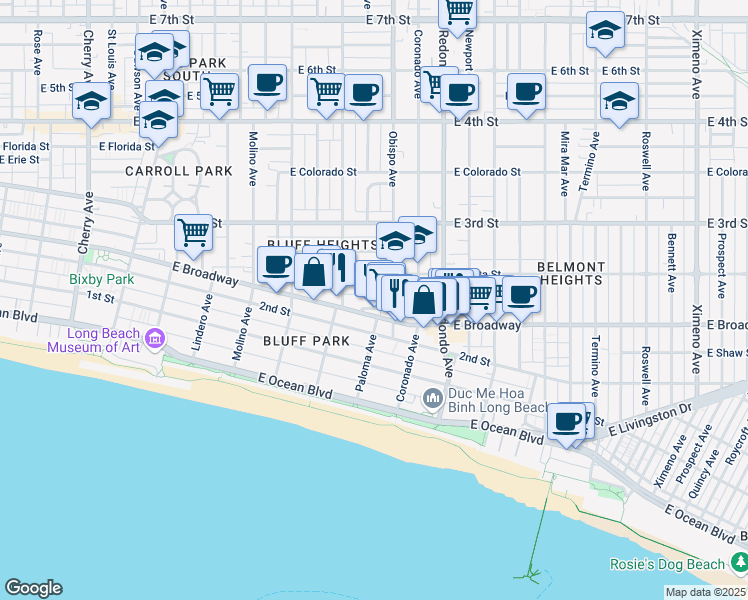 map of restaurants, bars, coffee shops, grocery stores, and more near 3109 East Corto Place in Long Beach