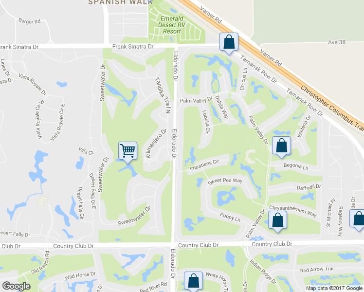 map of restaurants, bars, coffee shops, grocery stores, and more near 39000 Gladiolus Lane in Palm Desert