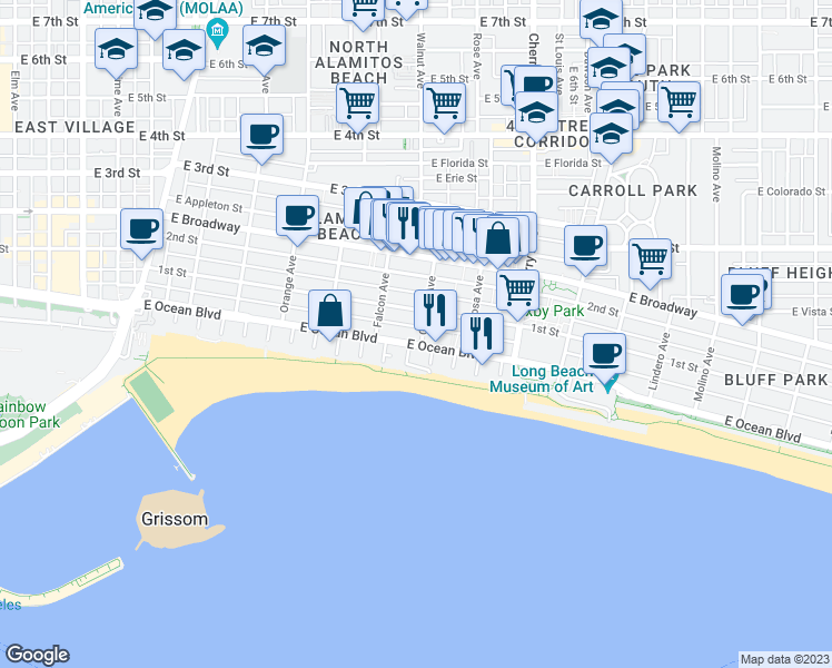 map of restaurants, bars, coffee shops, grocery stores, and more near 1635 East Ocean Boulevard in Long Beach
