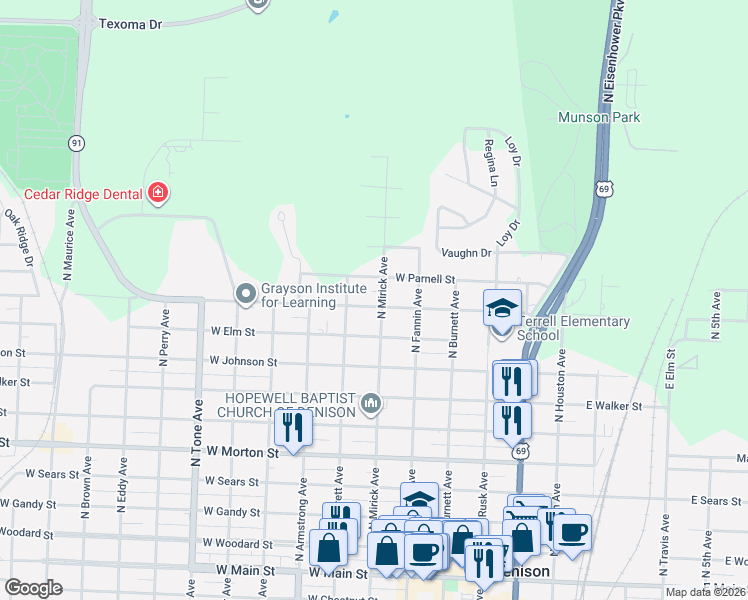 map of restaurants, bars, coffee shops, grocery stores, and more near 600 Martin Luther King Street in Denison