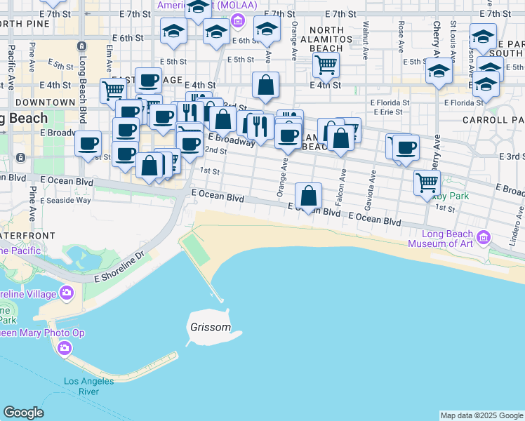 map of restaurants, bars, coffee shops, grocery stores, and more near 1140 East Ocean Boulevard in Long Beach