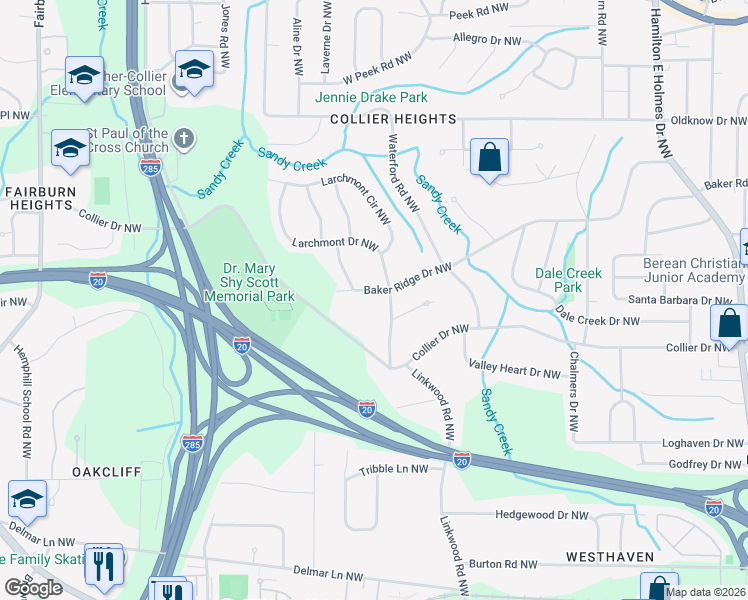 map of restaurants, bars, coffee shops, grocery stores, and more near 2994 Baker Ridge Drive Northwest in Atlanta