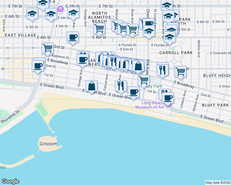 map of restaurants, bars, coffee shops, grocery stores, and more near 1635 East Ocean Boulevard in Long Beach