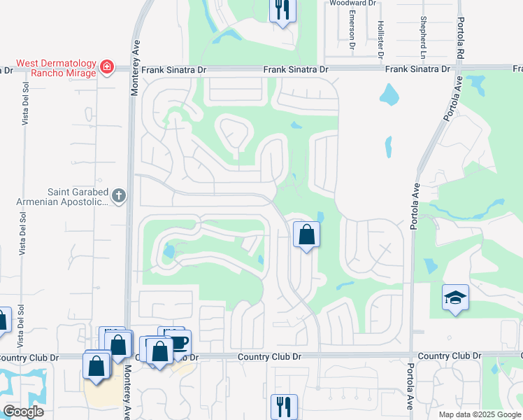 map of restaurants, bars, coffee shops, grocery stores, and more near 73461 Adobe Springs Drive in Palm Desert