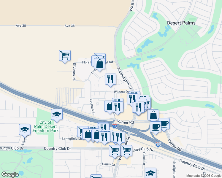 map of restaurants, bars, coffee shops, grocery stores, and more near 77980 Wildcat Drive in Palm Desert