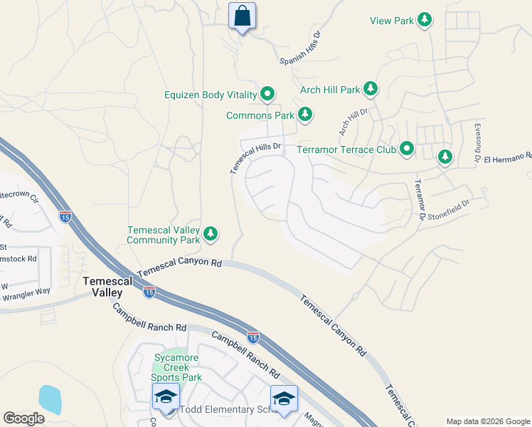 map of restaurants, bars, coffee shops, grocery stores, and more near 24530 Sunset Vista Drive in Temescal Valley
