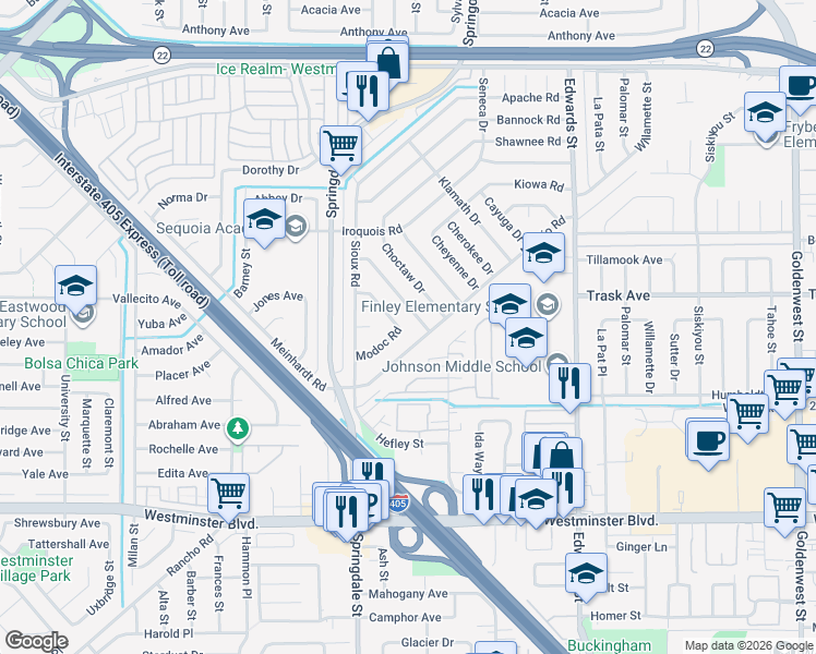 map of restaurants, bars, coffee shops, grocery stores, and more near 6119 Comanche Drive in Westminster