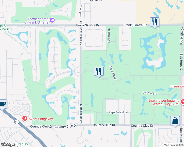 map of restaurants, bars, coffee shops, grocery stores, and more near 27 Duke Drive in Rancho Mirage