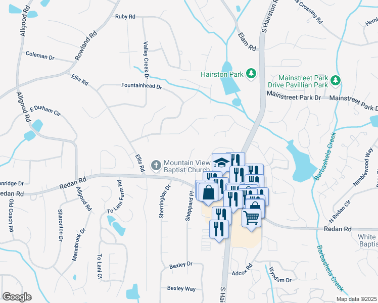 map of restaurants, bars, coffee shops, grocery stores, and more near 1009 Autumn Crest Court in Stone Mountain