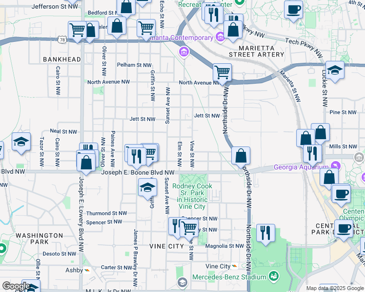 map of restaurants, bars, coffee shops, grocery stores, and more near 393 Elm Street Northwest in Atlanta