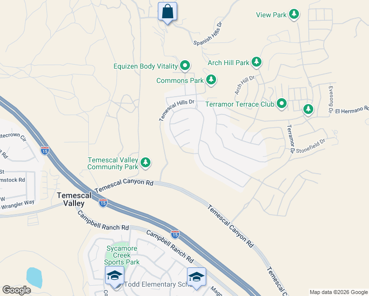 map of restaurants, bars, coffee shops, grocery stores, and more near 24530 Sunset Vista Drive in Temescal Valley