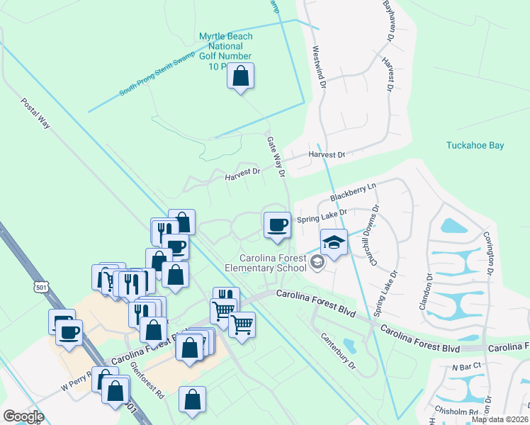 map of restaurants, bars, coffee shops, grocery stores, and more near 217 Wandering Way in Conway