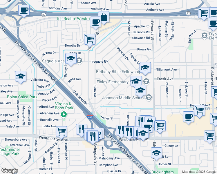 map of restaurants, bars, coffee shops, grocery stores, and more near 6119 Comanche Drive in Westminster