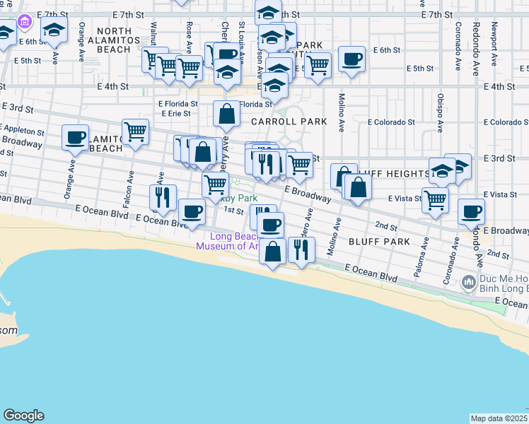 map of restaurants, bars, coffee shops, grocery stores, and more near 2131 East 1st Street in Long Beach
