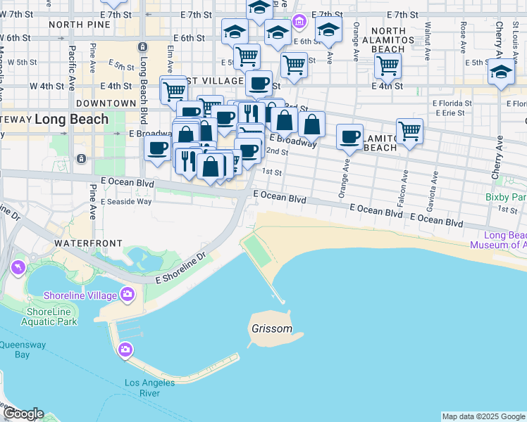 map of restaurants, bars, coffee shops, grocery stores, and more near 850 East Ocean Boulevard in Long Beach