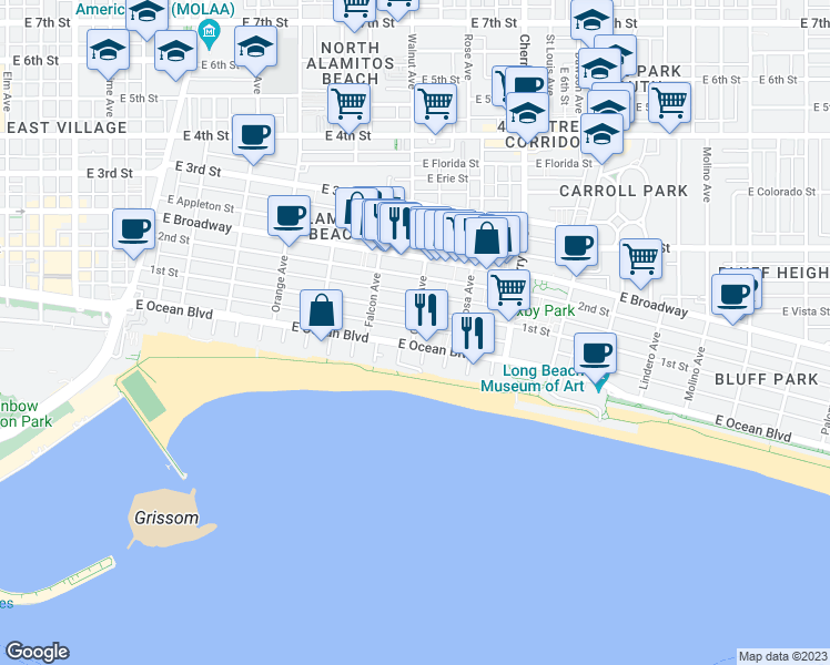 map of restaurants, bars, coffee shops, grocery stores, and more near 10 Gaviota Avenue in Long Beach