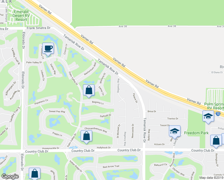 map of restaurants, bars, coffee shops, grocery stores, and more near 38915 Wisteria Drive in Palm Desert