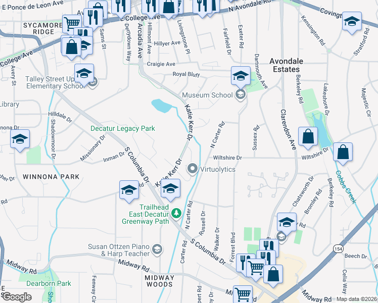 map of restaurants, bars, coffee shops, grocery stores, and more near 2788 Ashbury Court in Decatur