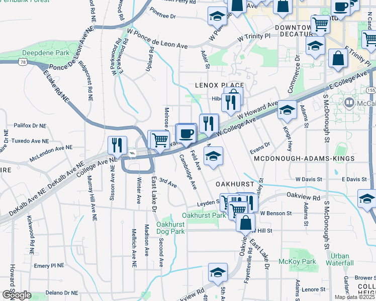 map of restaurants, bars, coffee shops, grocery stores, and more near 122 Feld Avenue in Decatur