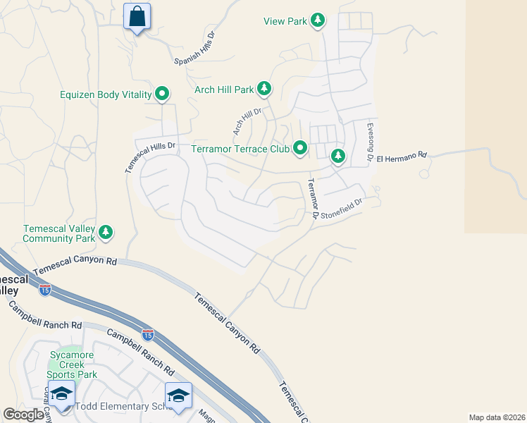 map of restaurants, bars, coffee shops, grocery stores, and more near 11607 Explorer Court in Temescal Valley