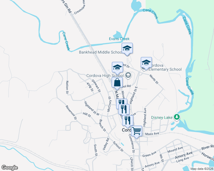 map of restaurants, bars, coffee shops, grocery stores, and more near 400 McCrory Street in Cordova
