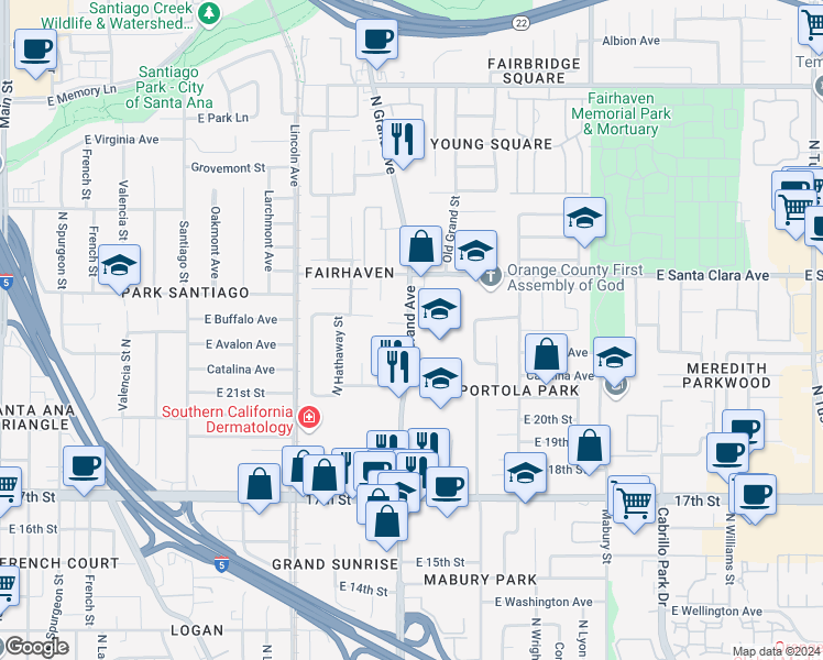 map of restaurants, bars, coffee shops, grocery stores, and more near in Santa Ana