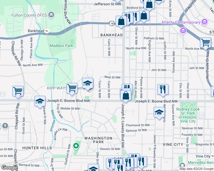 map of restaurants, bars, coffee shops, grocery stores, and more near 382 Cairo Street Northwest in Atlanta