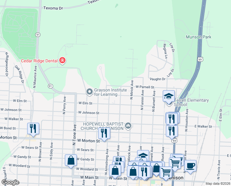 map of restaurants, bars, coffee shops, grocery stores, and more near 706 Martin Luther King Street in Denison