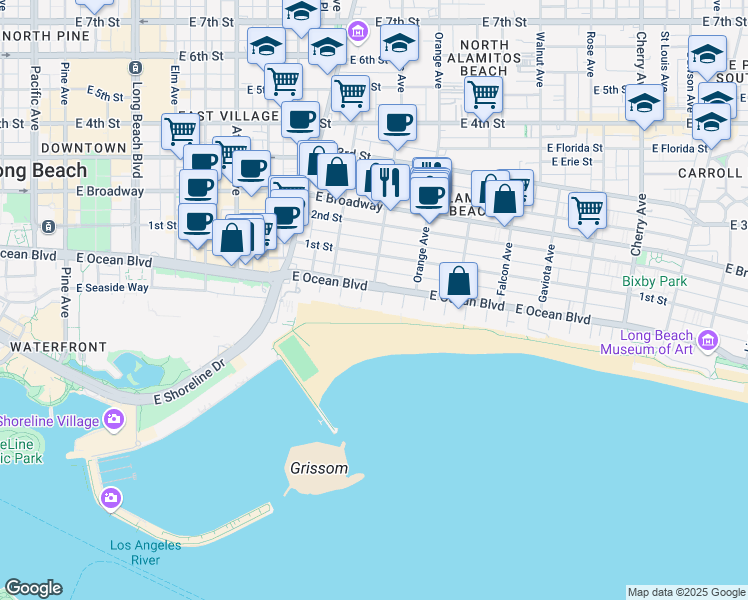 map of restaurants, bars, coffee shops, grocery stores, and more near 23 South 4th Place in Long Beach