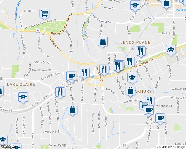 map of restaurants, bars, coffee shops, grocery stores, and more near 2268 College Avenue Northeast in Atlanta