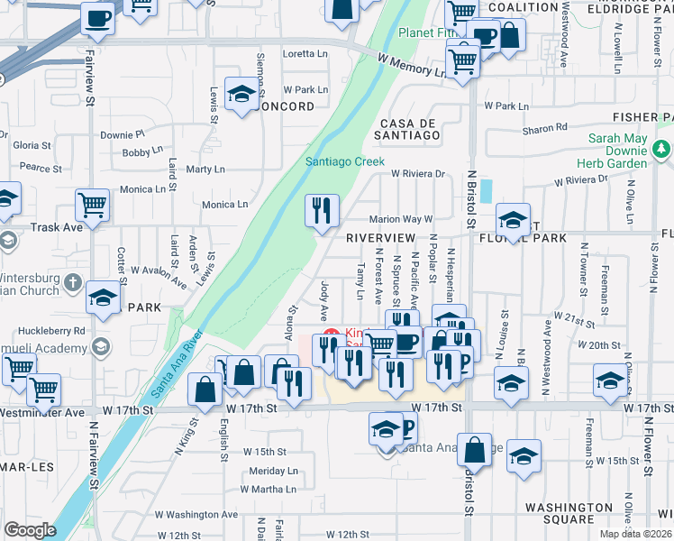 map of restaurants, bars, coffee shops, grocery stores, and more near 2138 Candis Avenue in Santa Ana