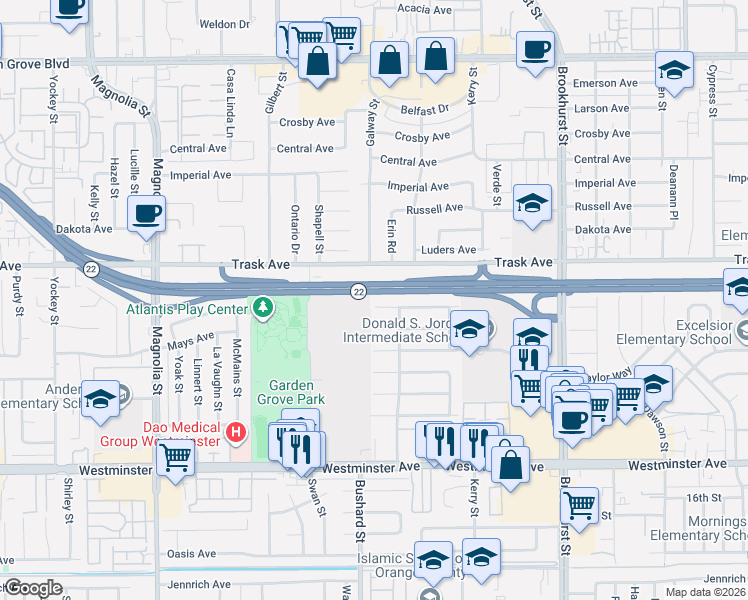 map of restaurants, bars, coffee shops, grocery stores, and more near 9542 Mallard Avenue in Garden Grove